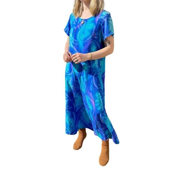 Vintage 90s Womens 100% Silk Blue Tie Dye Maxi Scoop Neck Boho Beach Dress Sz L - Picture 4 of 9